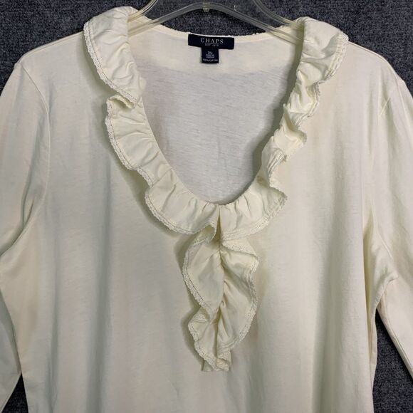 Chaps NWT Knit Top Women XL Ruffle Deep V-Neck Pullover Ivory 3/4 Sleeve - Picture 2 of 13